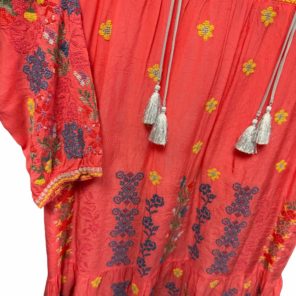 Johnny Was Coral Multicolor Floral Embroidered Tie Neck Tunic Dress Womens XS - Picture 3 of 7